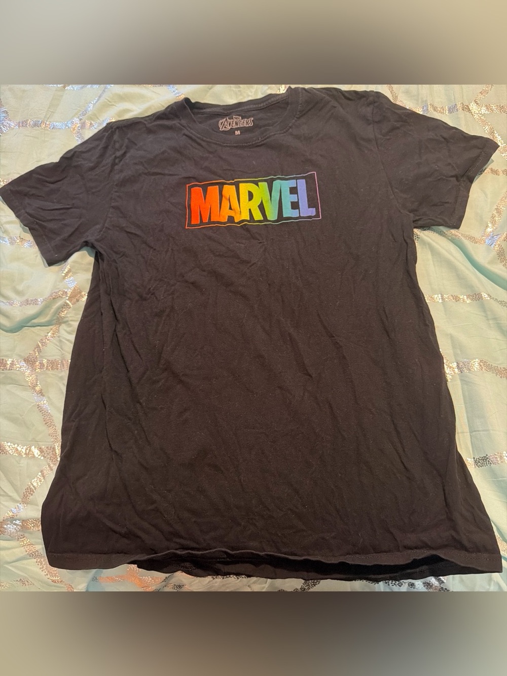 Avenger Black Tee with Rainbow MARVEL Logo